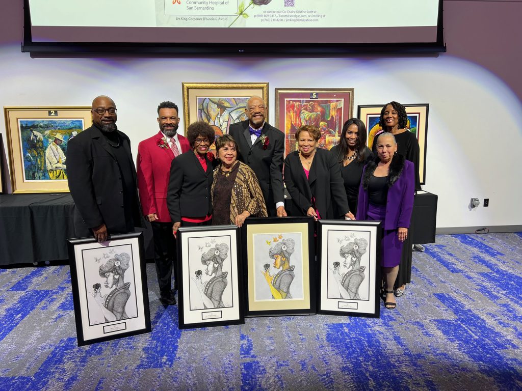 Photo Caption: (From left) Accepted for Linda D. Wright; Arlington Rodgers Jr., President of the Black Culture Foundation; Rose Mayes, Humanitarian of the Year honoree; Gloria Macias Harrison, Black Rose awardee; Jim King, Foundation co-founder; Rialto Mayor Deborah Robertson, Black Rose awardee; Accepting for San Bernardino Community Hospital Dr. Ruby Skinner, Medical Director, and Roz Nolan, Chief Nurse Executive Officer, and Genevieve Echols.