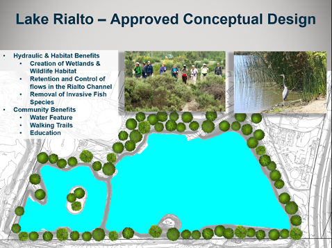 Photo Caption: Architect's rendering of Lake Rialto project. Mayor Robertson said, “Rialto residents can look forward to enjoying the lake's open spaces, hiking trails and environmental education programs. Special programs for children will enable them to get a taste of the great outdoors right in their own city.