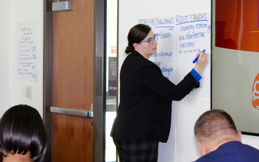 Photo Caption: Ann Marie Sakrekoff facilitates a leadership workshop on local education challenges and opportunities. Sakrekoff leads the two counties consortium to expand our educated workforce, thriving communities, and a vibrant economy that creates prosperity for all. Photo by Jake Poore.