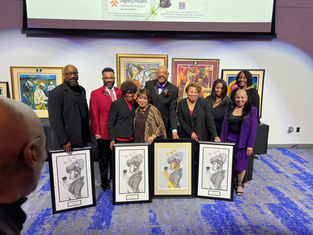 Photo Caption: 2023 Black Rose Award Winners - (From left) Accepted for Linda D. Wright; Arlington Rodgers Jr., President of the Black Culture Foundation; Rose Mayes, Humanitarian of the Year honoree; Gloria Macias Harrison, Black Rose awardee; Jim King, Black Rose Chair; Rialto Mayor Deborah Robertson, Black Rose awardee; Accepting for San Bernardino Community Hospital Dr. Ruby Skinner, Medical Director, and Roz Nolan, Chief Nurse Executive Officer, and Foundation Treasurer Genevieve Echols.