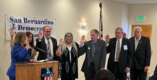 Photo caption: Incumbent Club Trustee Leticia Garcia swears in the 2024 leadership team: (left to right) 1st VP Roxanne Rios, President Tim Prince, Trustee Leticia Garcia, 2nd VP Mark Alvarez, SB Valley Water Conservation District Board Member, Club Trustee and George E. Brown, Jr. Peace Award recipient Col. David Raley (Ret.) and Treasurer Ladd Seekins. Also present but not in the photo were Parliamentarian Gil Navarro and Trustee Christian Shaughnessy.