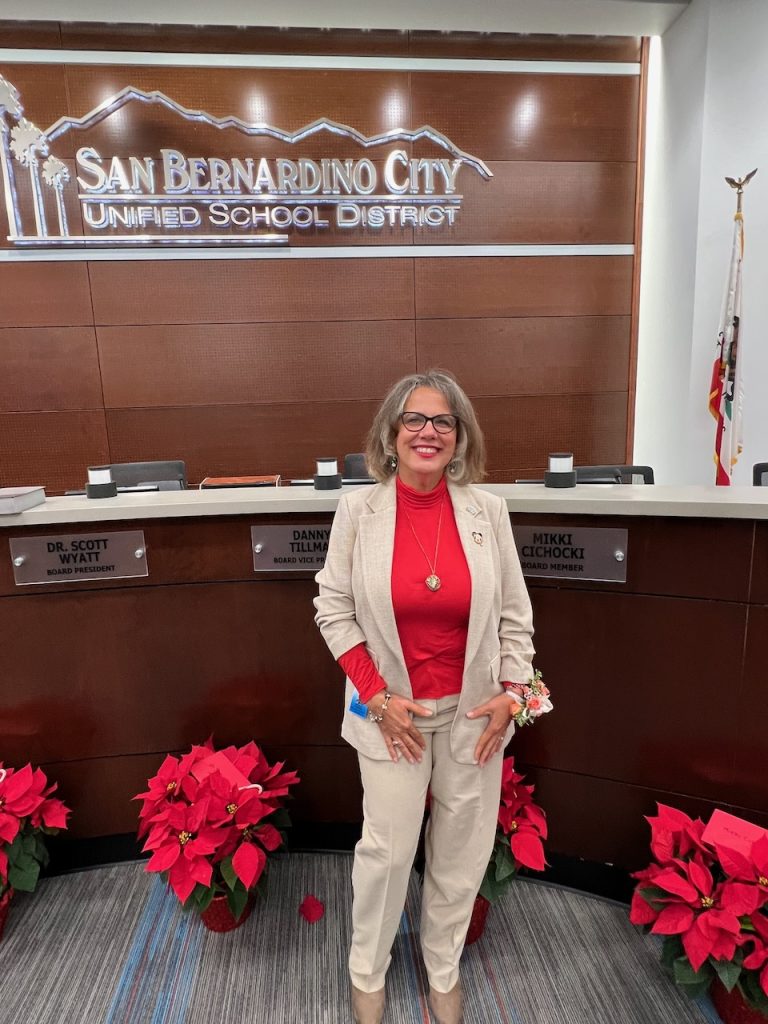 Mikki Cichocki, after her first day as a San Bernardino City Unified School District board member, is running for a second term.