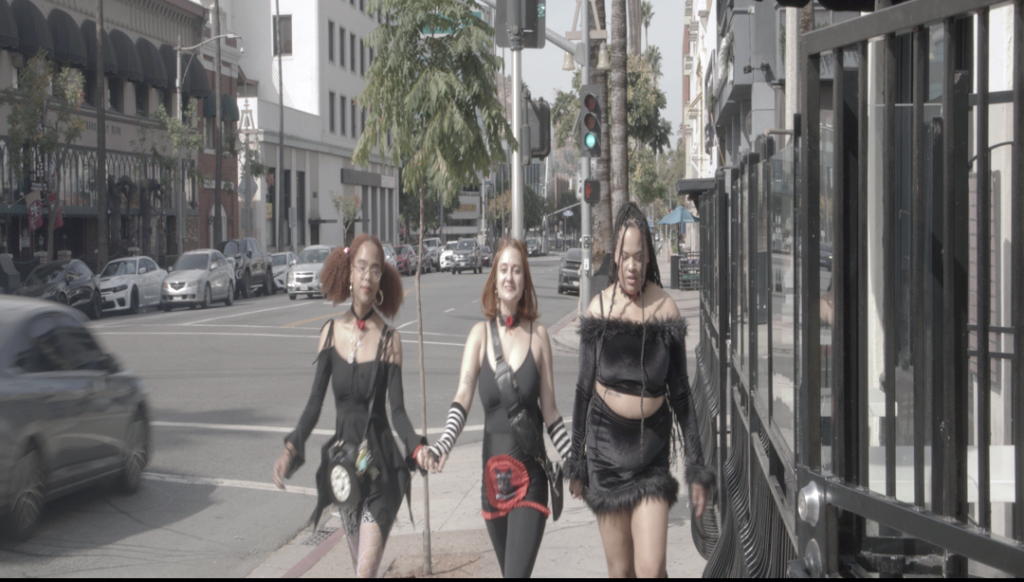 Witchez actresses, left to right: Heaven Gray, Sarah Cantero, and India Camille Glover on the streets of Riverside, California. 