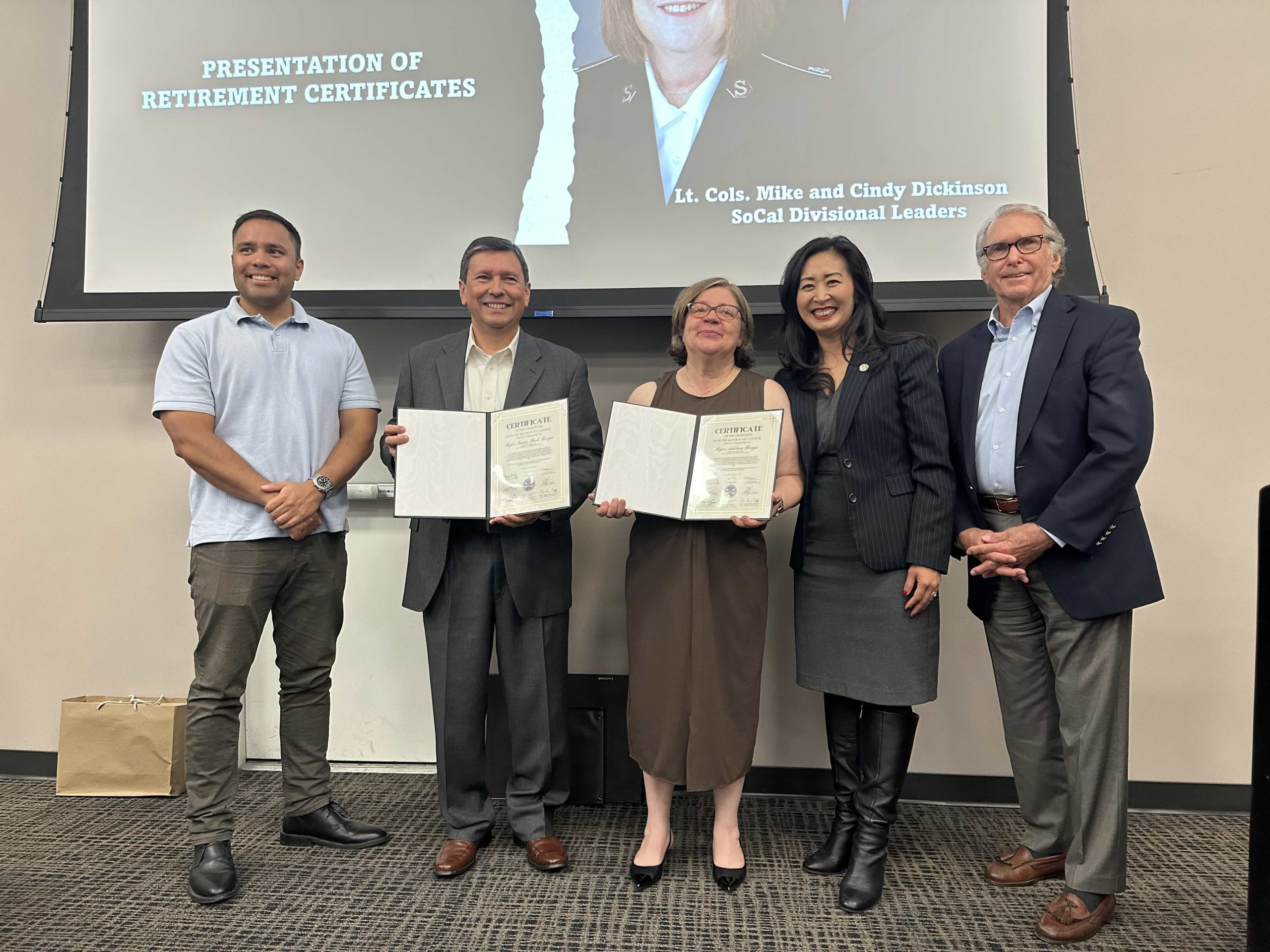 Left to Right: San Bernardino City Council members Ted Sanches, Majors Isias and Almeda Braga, San Bernardiubno Mayor Helen Tran, and San Bernardino City Council members Fred Shorett.