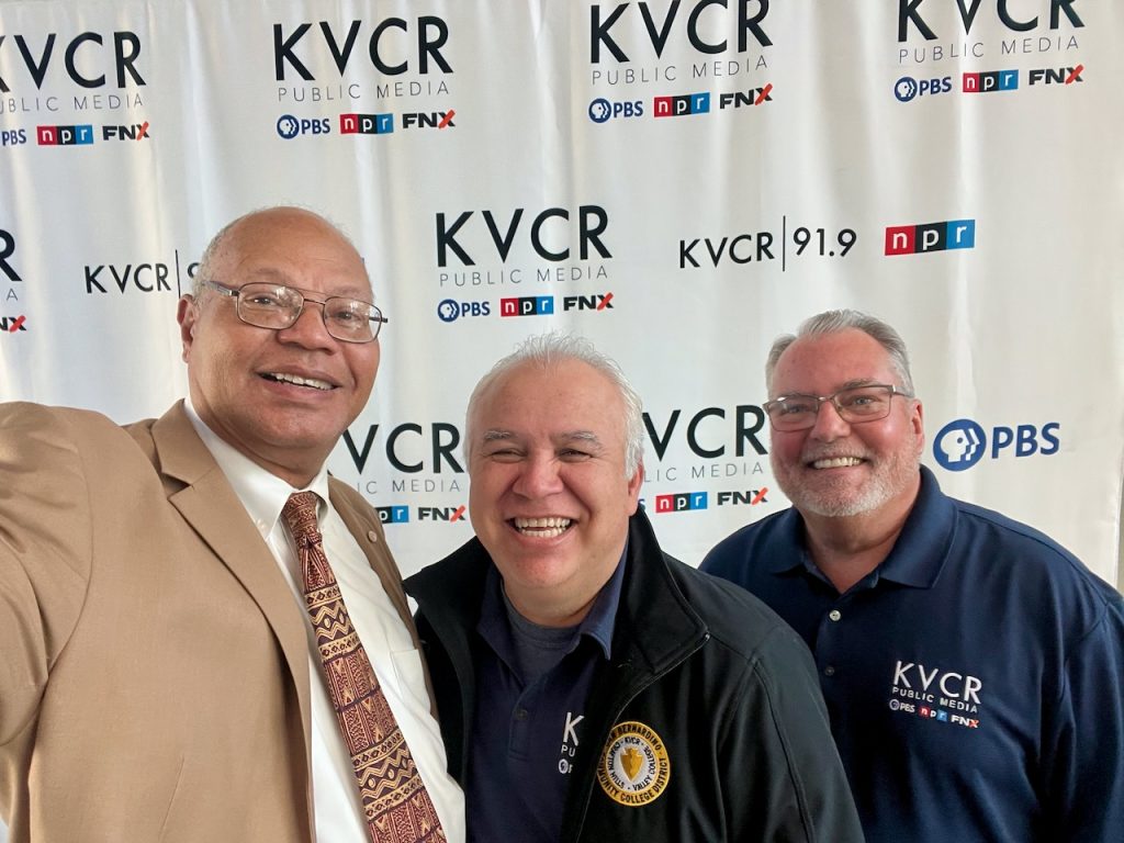 Photo caption: Dameron Communications announced its commitment to supporting KVCR Public Radio. Carl M. Dameron at KVCR Studios with Rick Dulock and Manuel Saucdo.