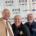 Photo caption: Dameron Communications announced its commitment to supporting KVCR Public Radio. Carl M. Dameron at KVCR Studios with Rick Dulock and Manuel Saucdo.