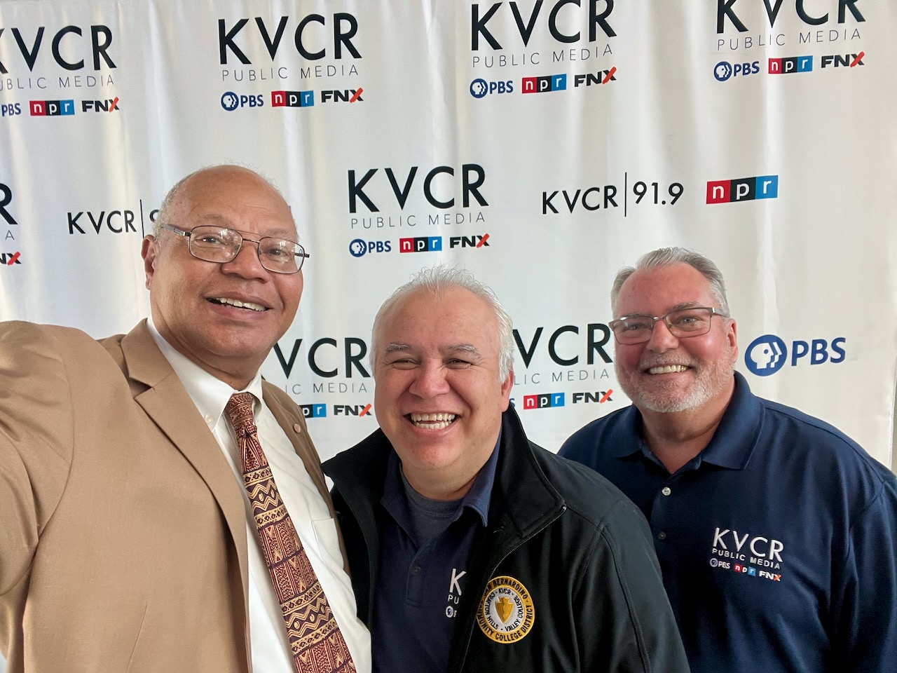 Photo caption: Dameron Communications announced its commitment to supporting KVCR Public Radio. Carl M. Dameron at KVCR Studios with Rick Dulock and Manuel Saucdo.